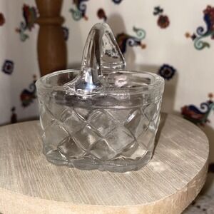 Vintage Quilted Glass Basket Shaped Handled Open‎ Salt Cellar glows light pink